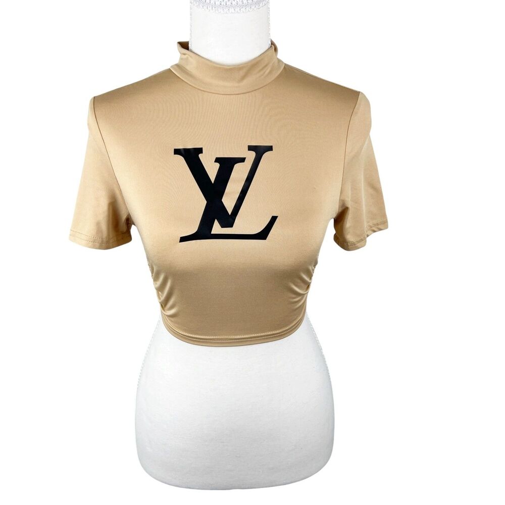 Lipstick Shirt Women Medium Nude Tan Short Sleeve Cropped Tie Back Tee